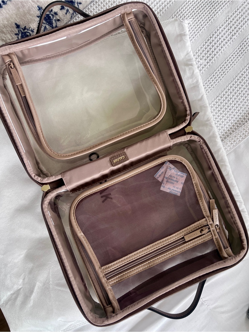 Calpak Clear Large Cosmetic Bag with Mocha Trim and Gold Hardware - New - Picture 5 of 15